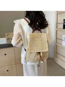 1 Piece Of Summer Beach Straw Backpack, Woven Design, Fashionable Versatile Leisure Bag, Ideal For The Beach, Vacations, Shopping, Matches  Outfits, Lightweight And Portable, Suitable For Teenage Girls And Women. - Màu be - Xem 2