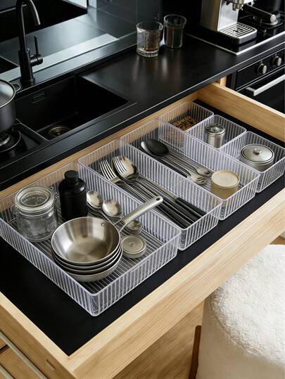 4 piezas Cajas organizadoras de cajón transparentes | Separador de utensilios de cocina | Cajas divisoras de cajón de cocina | Almacenamiento clasificado, sin desorden | Bandejas organizadoras multifuncionales | Adecuado para cocina / baño / escritorio