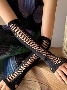 1 Pair Women's Vintage Ripped Fingerless Arm Sleeves, Sexy Dark Style Suitable For Party, Halloween, Daily Use,Travel,Festival,Gloves,Camping - A - View 5