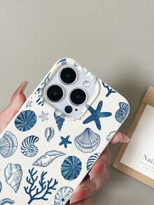 1pc White Blue Tone Shell Conch Personalized Pattern Full Coverage TPU Anti-Fall Phone Case Compatible With Apple 16 15 14 13 12 11promax - Multicolor - View 5