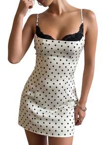 Vestido de fiesta sin mangas con tirantes finos y estampado de lunares para mujer, minivestido ajustado de encaje y patchwork, ideal para vacaciones y cócteles. - Blanco - Ver 5