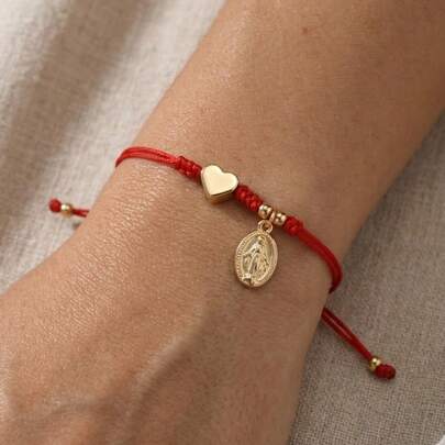 1pc Fashion Minimalist Jesus Cross Bracelet, Heart Shaped Bracelet, Copper Bead Bracelet, Red Woven Adjustable Bracelet, Suitable For Women Daily Commute, Family Gift, Sister Gift, Birthday Gift, Anniversary Gift, Christian Gift For Her