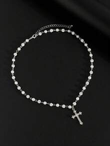 Vintage Stylish Simple Rhinestone Cross Decorated Imitation Pearl Necklace, Men's Hip Hop Punk Jewelry For Elegant Charm, Bling Necklace, Pearl Chain Necklace - 銀色 - 查看 6