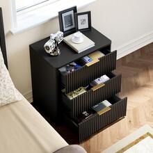 Classic Bedside Table With 3 Spacious Drawers – Unique Grooved Design, High-Quality Metal Handles & Quiet Runners – Sturdy Base – Black - Black - View 9