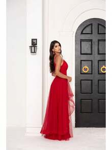 Greek Goddess Gala Dress In Tulle Without Glitter, With Capes And Invisible Zipper - Red - View 4