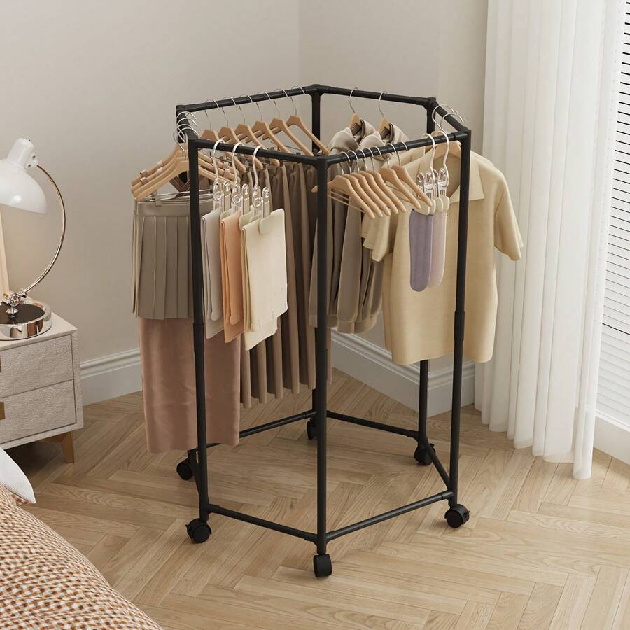 1pc Rotatable Clothing Rack-Sturdy 16mm Metal Tube Hexagonal Rotatable Clothing Rack With Wheels,Freestanding Vertical Garment Hanger, Portable Design For Efficient Clothes Storage And Display, Black/ White, Laundry Room Organizer - View 1