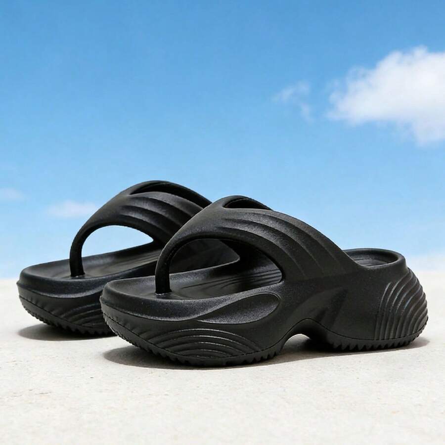 Women's Summer Wedge Flip Flops, Elevated Beach Sandals, Soft Sole Thong Slippers For Holiday - Black - View 1