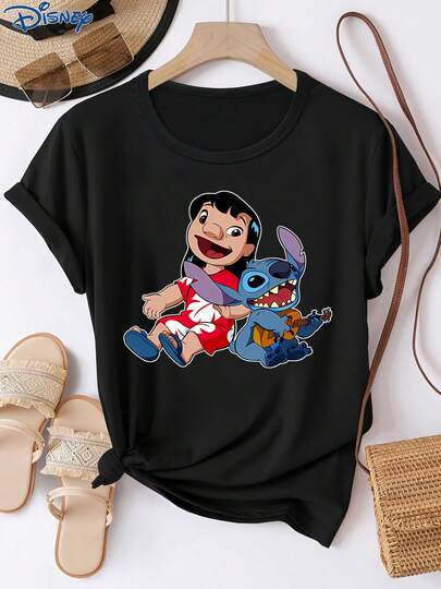 Disney 1 chiếc áo thun ngắn tay nữ, in hình Stitch và Lolita, cổ tròn, chất liệu co giãn, dễ giặt ủi, phù hợp mặc hàng ngày, áo thun ngắn tay thời trang nữ, trang phục thường ngày.