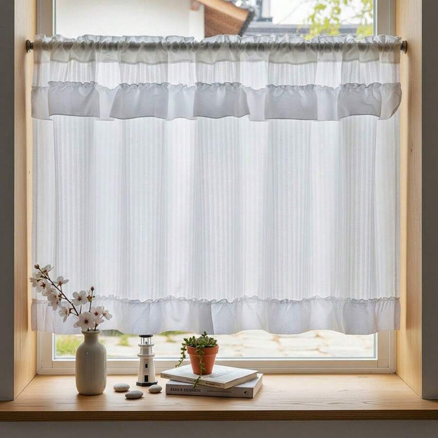 1pc Japanese Style Minimalist Ruffled Half Curtain, Kitchen/Cafe Sheer Curtain, Translucent Privacy Partition Curtain For Bathroom - Multicolor - View 1