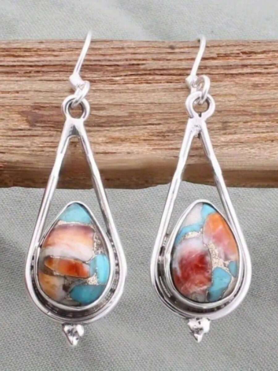 一对复古几何吊坠耳环，适合女性日常、派对和旅行佩戴，可作为珠宝礼物。 - 銀色 - 查看 1