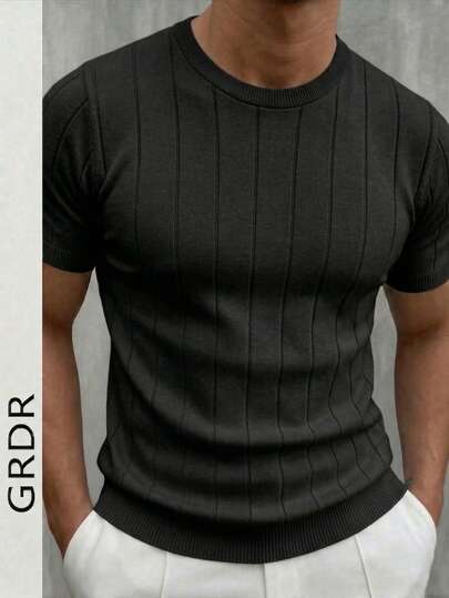  GRDR Men's Summer Round Neck Ribbed Knit Short Sleeve T-Shirt, Outdoor Casual Wear