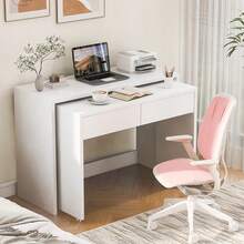 Desk/Shelf + Chest Of Drawers - Compact 2-In-1 Desk, Extendable, Made Entirely Of 1.8 Cm Thick Wood, Equipped With Casters, Flexibly Combinable, Folding Desk - White + Particleboard - View 12