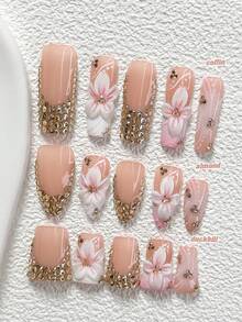 10Pcs The Dazzling, Luxurious Heiress Style Handmade Nail Art Set,Champagne-Colored Design With Irregular Small Round Diamonds Nail ,Includes Nail Tools,3 Sizes Available,Almond Nails , Duck Nails,Coffin Nails For Party, Dance, Daily Wear. - 彩色 - 查看 1