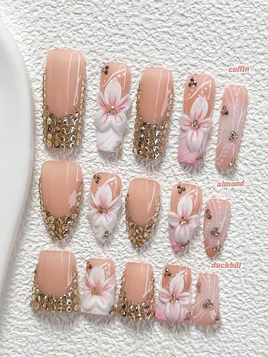 10Pcs The Dazzling, Luxurious Heiress Style Handmade Nail Art Set,Champagne-Colored Design With Irregular Small Round Diamonds Nail ,Includes Nail Tools,3 Sizes Available,Almond Nails , Duck Nails,Coffin Nails For Party, Dance, Daily Wear. - 彩色 - 查看 1