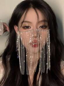 1pc Exquisite & Appealing Face With Tassel Decor And Earring Hook, Photo Props, Suitable Masquerade, Festivals And Parties Back To School - 銀色 - 查看 8