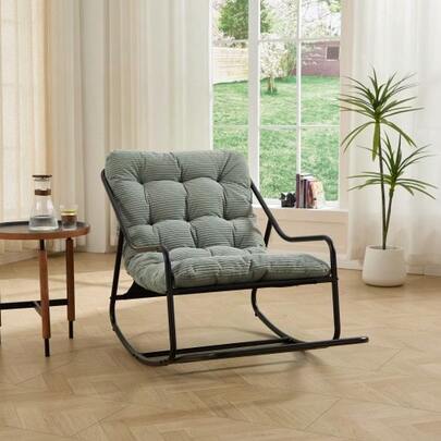Outdoor Rocking Chair, Comfortable, Soft And Thick Cushion For Living Room, Bedroom, Reading Room, Black Frame With Light Green Cushion