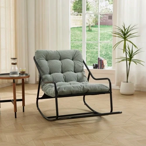 Outdoor Rocking Chair, Comfortable, Soft And Thick Cushion For Living Room, Bedroom, Reading Room, Black Frame With Light Green Cushion - Mint Green - View 1