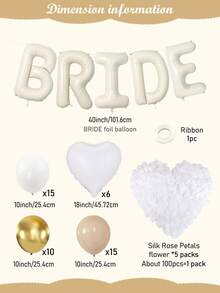 16/52/57件組奶油白新娘氣球套組－白色人造花瓣＋40英吋奶油白BRIDE字母橫幅＋白色愛心鋁箔氣球＋珍珠白金乳膠氣球，適合新娘派對、訂婚派對、單身女派對、準新娘 - 彩色 - 查看 9