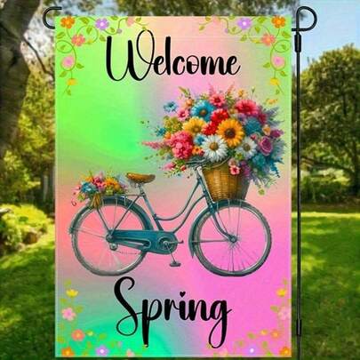 D Flat - 2D Flat - Biểu ngữ Chúc Mừng Vui Vẻ, Vườn Xuân Tươi Mát - Hai mặt, Vải bố chống thấm nước với thiết kế xe đạp màu xanh và cây hoa, 30.48X45.72 cm - Lý tưởng cho trang trí ngoài trời 2D Flat ZZTM06