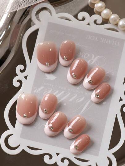 10片法式粉色闪钻美甲贴片，短款办公日常佩戴假指甲套装，包含1张粘性贴片和1个迷你指甲锉。