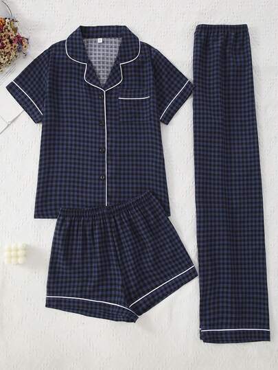 3pcs Women Plaid Print Robe & Pajama Set, Bubble Crinkle Texture Sleepwear