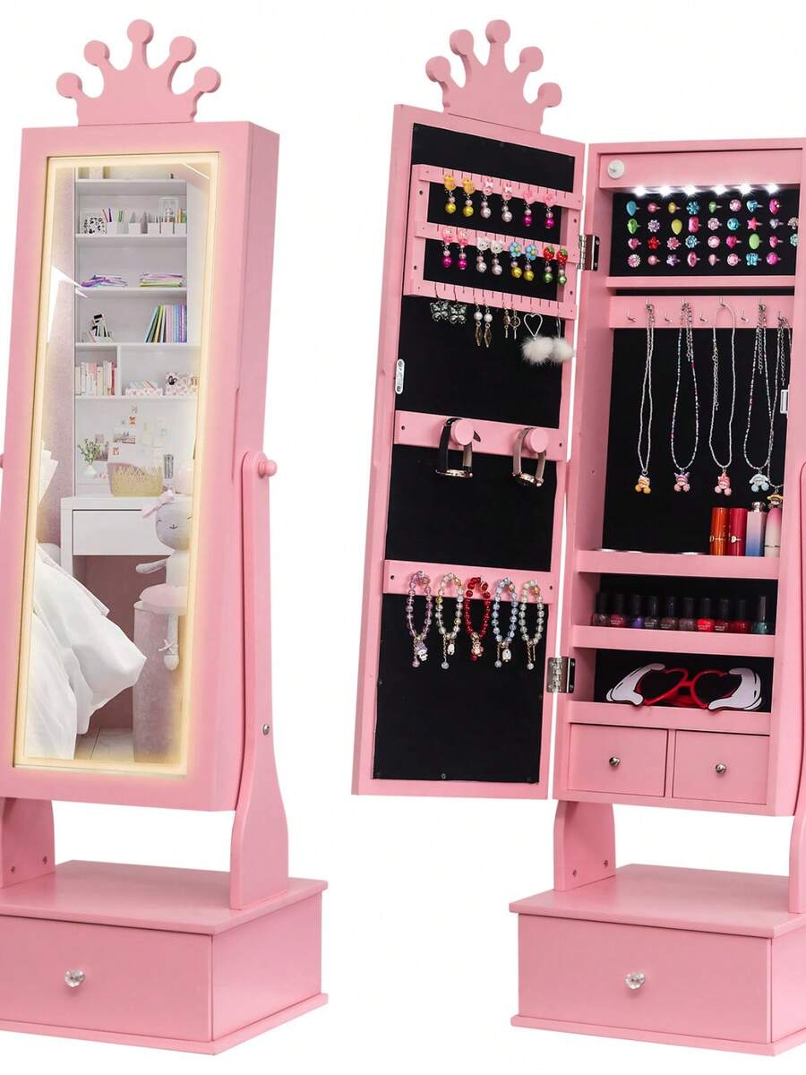Armario joyero infantil independiente con espejo de cuerpo entero de 117 cm, luz LED, inclinación ajustable y 3 cajones de almacenamiento – Tocador organizador de joyas para niñas - Rosa Roja - Ver 1