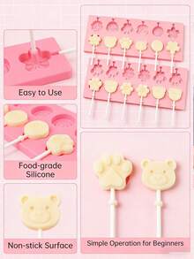 12-Cavity Pink Lollipop Mold, Silicone Gummy Bear, Paw, Flower Shaped Candy, Jelly, Pudding Mold, Easy Release Reusable Chocolate, Lollipop Baking Tool, Suitable For Valentine's Day Party, Home Decor, Housewarming Gift - View 2