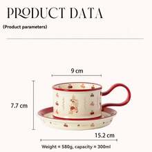 Mushroom & Cherry Countryside Style Cute Ceramic Coffee Cup & Saucer Set, High-Quality Couple Cups, Wedding/Home Gift, Tea/Coffee Mug - Red - View 3