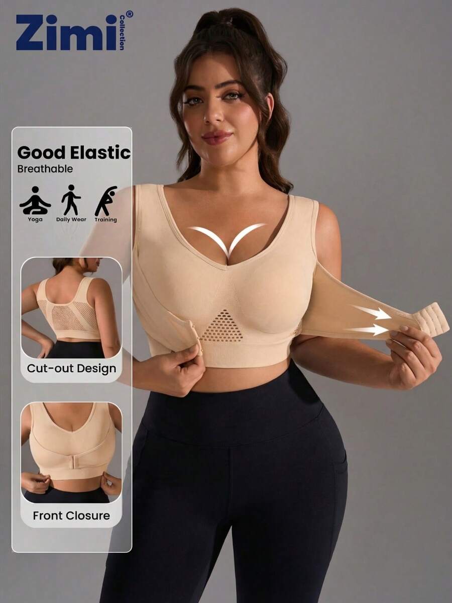 Zimi Collection 1pc Plus Size Women Seamless Sexy Hollow-Out Front Hook Design Sports Bra, Soft & Comfortable Wireless Full Coverage Yoga Wide Strap Sports Bra Fall
