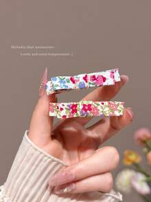 4pcs Floral Fabric Bow Hair Clips, Bangs Hairpins, Cute & Sweet Side Clips - Multicolor - View 3