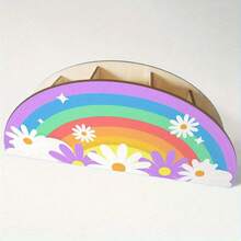 Portapenne a mezzaluna con decorazione floreale arcobaleno, contenitore multifunzione in legno, decorazione da scrivania carina per casa e ufficio - A - Visualizzare 3
