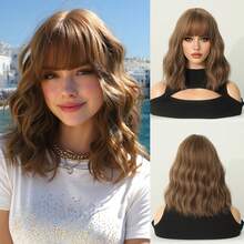 7JHH WIGS Peluca corta ondulada de color marrón con flequillo para mujeres, 12 pulgadas de longitud, peluca corta rizada natural y sintética resistente al calor, accesorios de pelucas para uso diario, cosplay, festivales de música y fiestas - Marrón - Ver 12