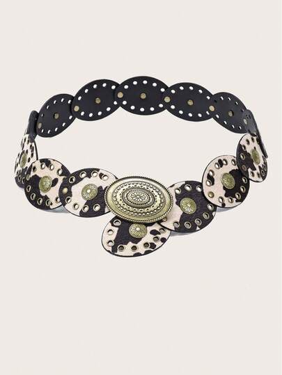 1pc BOHO Girl Waist Belt, Cowgirls, Western Belts, Belts For Girl, Y2K Belt, Y2K Accessories, Bohemian Vintage Bronze Carved Oval Buckle Patchwork Cow Print Waist Belt, Matching Skirts & Pants, Party, Festival, Birthday Gift, Music Festival, New Year