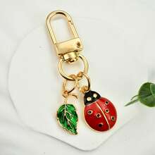 2件套复古清新七星瓢虫绿叶锌合金钥匙扣，仿真昆虫植物珐琅包饰，自然爱好者礼物 - 彩色 - 查看 5