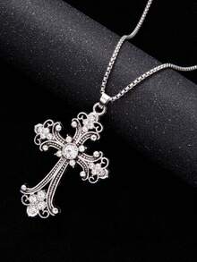 1件巴洛克十字项链，欧美嘻哈复古风格镶嵌大十字不锈钢项链，批发男士长款毛衣链和女士日常配饰 - 十字 - 查看 3