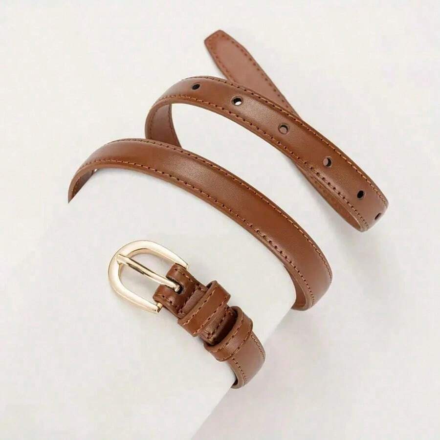 1pc Solid Color Casual PU Leather Waist Belt, Slim Design, Suitable For Women All Seasons Summer, School Fall, Autumn, Halloween, Belts For Women, Western Belt - màu nâu - Xem 1