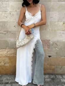 French Vintage Satin & Lace Patchwork Dress, Slit Asymmetrical Backless Solid Color Vacation Dress - White - View 2