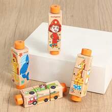 4-Sided Rotating Wooden Puzzle Toy, Animal & Transportation Theme Early Education Building Blocks, Educational Gift - Multicolor - View 10
