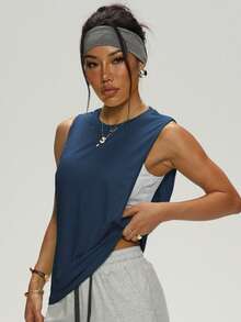 Tank Top Wanita Tanpa Lengan Warna Polos, Longgar, Tipis, Elastis, Cocok untuk Olahraga Musim Semi/Panas, Latihan di Gym, Lari, Aktivitas Luar Ruangan, Olahraga Santai, Gaya Sederhana, Leher Bulat - Navy Blue - View 6