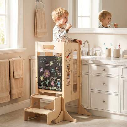  COSTWAY Foldable Toddler Tower, Versatile Wooden Kitchen Stool Helper W/2-Step Stool & Safety Net, Learning Standing Tower W/Blackboard & Montessori Games For Children 3+ Years Old, Natural