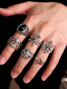 6件套朋克风宝石骷髅头设计戒指套装，龙形戒指，适合日常佩戴、节日派对、男士饰品 - 彩色 - 查看 1