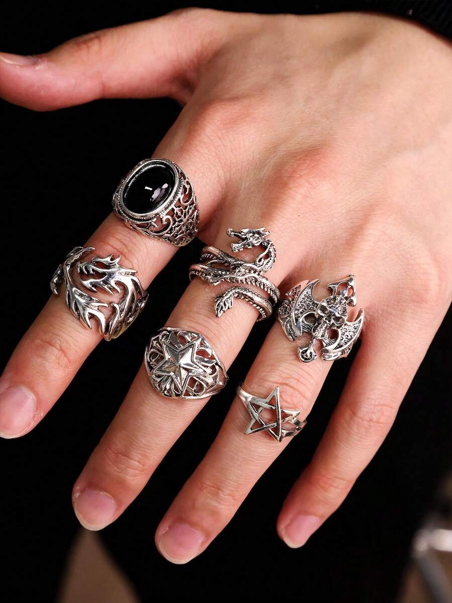 6件套朋克风宝石骷髅头设计戒指套装，龙形戒指，适合日常佩戴、节日派对、男士饰品 - 彩色 - 查看 1