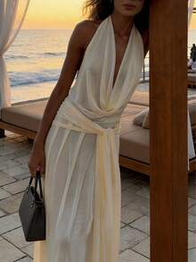 Plameo Elegant Sleeveless Deep V-Neck Dress/Sexy Backless/Knit Fabric/Beach/Vacation/Date/Evening Party - Apricot - View 4