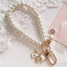 1 peça Cordão curto para celular com pingente de laço de strass, chaveiro de pulso moderno com pérolas artificiais - Multicolorido - Ver 3