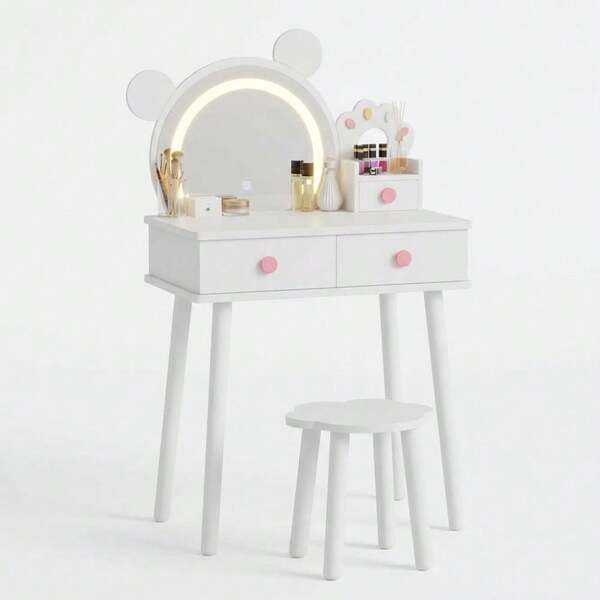 Tocador infantil con espejo iluminado en forma de oso: escritorio y taburete de madera para maquillaje, tocador de juguete de princesa para dormitorio de niñas.