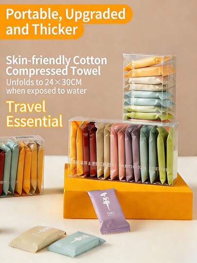 مناديل وجه قابلة للتصرف مضغوطة، محمولة للسفر، جاف وأخرى مبللة لاستخدامات مزدوجة، ضروريات السفر، مدمجة ومحمولة، مثالية للشهر العسل، مناديل وجه قابلة للتصرف مضغوطة، محمولة للسفر، ضروريات السفر والعطلات، قابلة للتوسيع إلى حوالي 24 سم * 30 سم بعد النقع في الماء.
