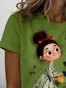 Women's Casual Round Neck Short Sleeve T-Shirt With Romantic Summer Girl Cartoon Print - Army Green - View 3