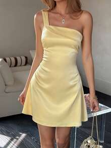 Solid Color Satin Dress With Shoulder Ruffle Tie Waist Design, Feminine Flattering Mini Dress For Dates, Parties, Beach Vacation Elegant Summer - Yellow - View 4
