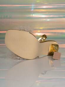 Women's Elegant Faux Fur & Feather Square Toe One-Strap Metallic Gold Party Dress Sandals - Gold - View 6