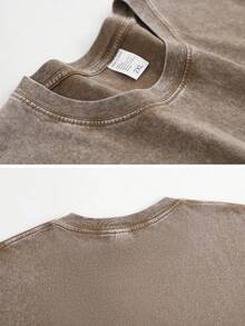 SpringSummer American Retro Sporty Style Chicago Cubs Pattern T-Shirt With Printed Pattern 230g Water Washed Black Aging Craftsmanship To Cover Meat And Look Thin Shoulder Short Sleeve Men - 咖啡棕 - 查看 3